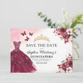 Quinceanera Save the Date Floral Bourgogne (Staand voorkant)