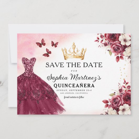 Quinceanera Save the Date Floral Bourgogne (Voorkant)