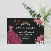 Quinceanera Save the Date Floral Bourgogne (Staand voorkant)