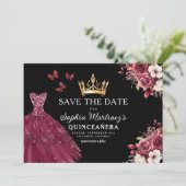 Quinceanera Save the Date Floral Bourgogne (Staand voorkant)