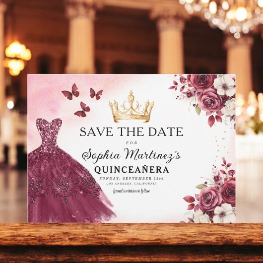 Quinceanera Save the Date Floral Bourgogne