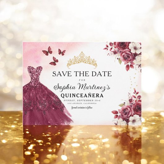 Quinceanera Save the Date Floral Bourgogne