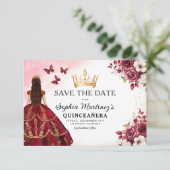 Quinceanera Save the Date Floral Bourgogne (Staand voorkant)