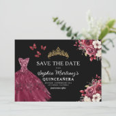 Quinceanera Save the Date Floral Bourgogne (Staand voorkant)