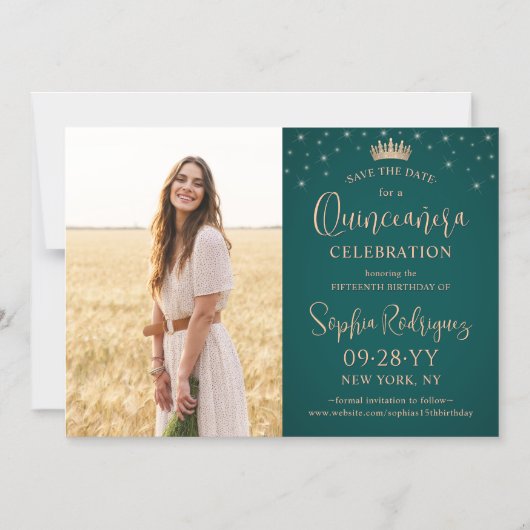 Quinceañera Save the Date Foto Roos Goud & Groen Magnetische Uitnodiging (Voorkant)