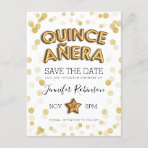 Quinceanera Save the Date Gold Balloons Glitter