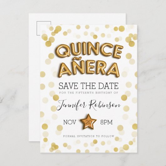Quinceanera Save the Date Gold Balloons Glitter Aankondigingskaart (Voorkant / Achterkant)