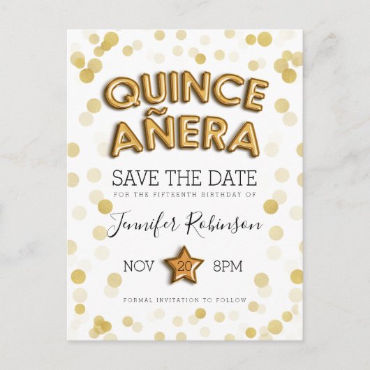 Quinceanera Save the Date Gold Balloons Glitter Aankondigingskaart (Voorkant)