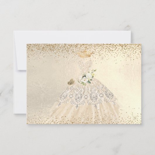 Quinceanera Save the Date Gold Faux Glitter Gown I Kaart (Achterkant)