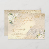 Quinceanera Save the Date Gold Faux Glitter Gown I Kaart (Voorkant / Achterkant)