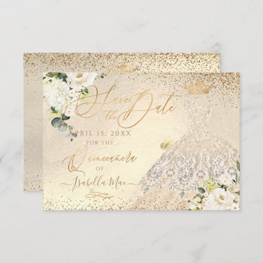 Quinceanera Save the Date Gold Faux Glitter Gown I Kaart (Voorkant / Achterkant)