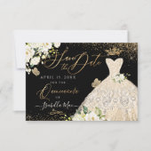 Quinceanera Save the Date Gold Faux Glitter Gown Kaart (Voorkant)