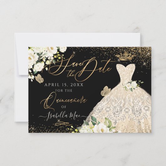 Quinceanera Save the Date Gold Faux Glitter Gown Kaart (Voorkant)