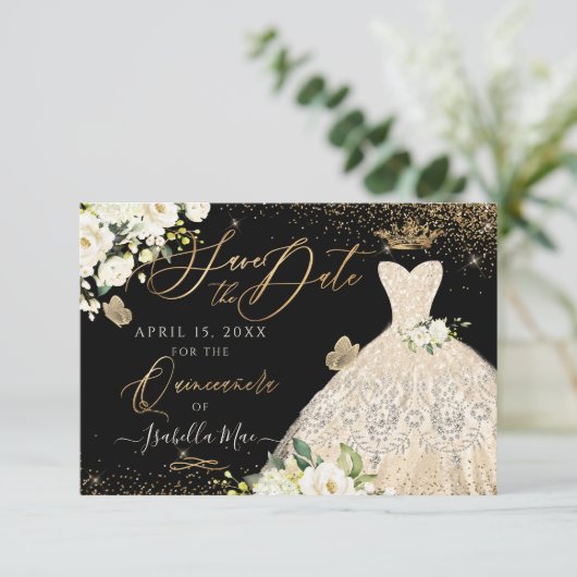 Quinceanera Save the Date Gold Faux Glitter Gown Kaart (Staand voorkant)