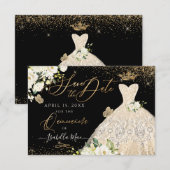Quinceanera Save the Date Gold Faux Glitter Gown Kaart (Voorkant / Achterkant)