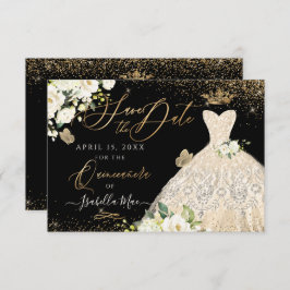 Quinceanera Save the Date Gold Faux Glitter Gown Kaart