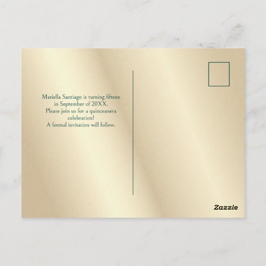 Quinceanera Save the Date Green Briefkaart (Achterkant)