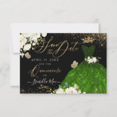 Quinceanera Save the Date Green Faux Glitter Gown Kaart (Voorkant)