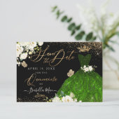 Quinceanera Save the Date Green Faux Glitter Gown Kaart (Staand voorkant)