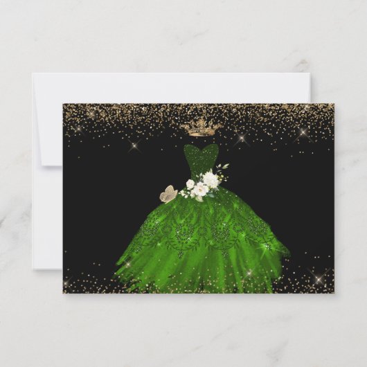 Quinceanera Save the Date Green Faux Glitter Gown Kaart (Achterkant)
