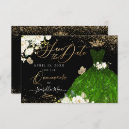 Quinceanera Save the Date Green Faux Glitter Gown Kaart