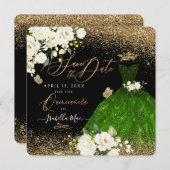Quinceanera Save the Date Green Faux Glitter Kaart (Voorkant / Achterkant)