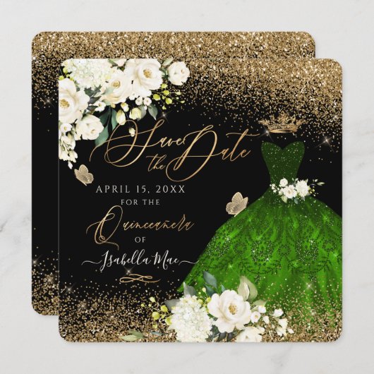 Quinceanera Save the Date Green Faux Glitter Kaart (Voorkant / Achterkant)