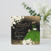 Quinceanera Save the Date Green Faux Glitter Kaart (Staand voorkant)