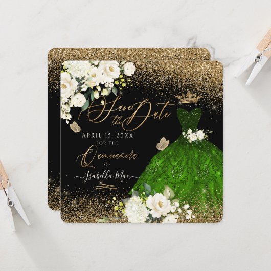 Quinceanera Save the Date Green Faux Glitter Kaart (Voorkant / Achterkant in situ)
