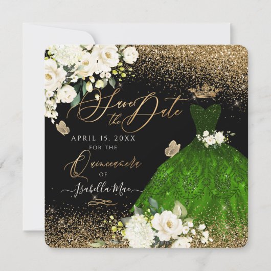 Quinceanera Save the Date Green Faux Glitter Kaart (Voorkant)