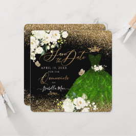Quinceanera Save the Date Green Faux Glitter Kaart