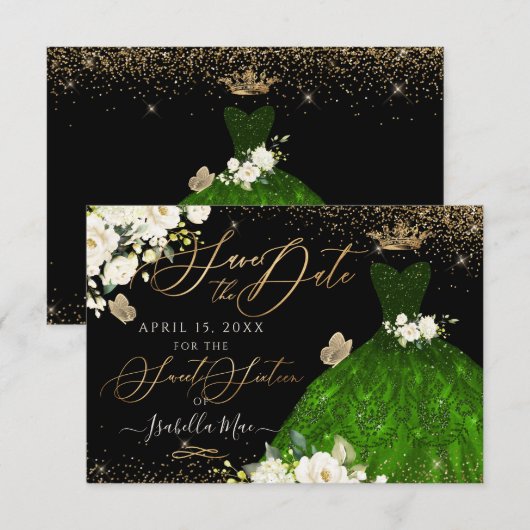 Quinceanera Save the Date Green Faux Glitter Kaart (Voorkant / Achterkant)