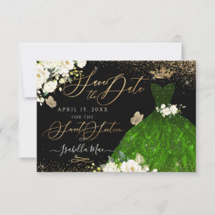 Quinceanera Save the Date Green Faux Glitter Kaart