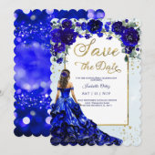 Quinceañera Save The Date Koninklijk Blauw en Goud Kaart (Voorkant / Achterkant)