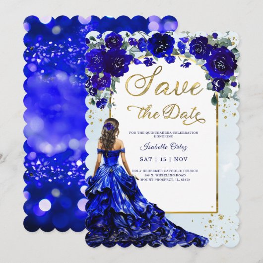 Quinceañera Save The Date Koninklijk Blauw en Goud Kaart (Voorkant / Achterkant)