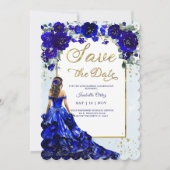 Quinceañera Save The Date Koninklijk Blauw en Goud Kaart (Voorkant)