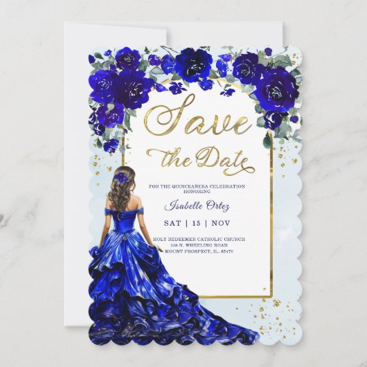 Quinceañera Save The Date Koninklijk Blauw en Goud Kaart (Voorkant)
