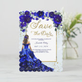 Quinceañera Save The Date Koninklijk Blauw en Goud Kaart (Staand voorkant)