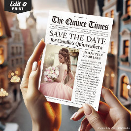 Quinceañera Save the Date, Miss Quince Newspaper Kaart