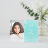 Quinceañera Save the Date Modern 2 Foto Blauwgroen Uitnodiging Briefkaart (Staand voorkant)