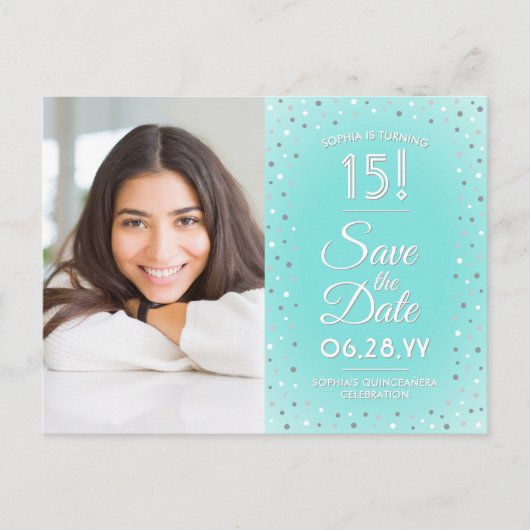 Quinceañera Save the Date Modern 2 Foto Blauwgroen Uitnodiging Briefkaart (Voorkant)