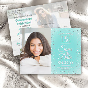 Quinceañera Save the Date Modern 2 Foto Blauwgroen Uitnodiging Briefkaart