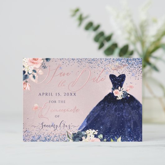 Quinceanera Save the Date Navy Blue Gown Kaart (Staand voorkant)