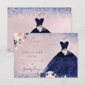 Quinceanera Save the Date Navy Blue Gown Kaart (Voorkant / Achterkant)
