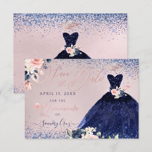 Quinceanera Save the Date Navy Blue Gown Kaart (Voorkant / Achterkant)