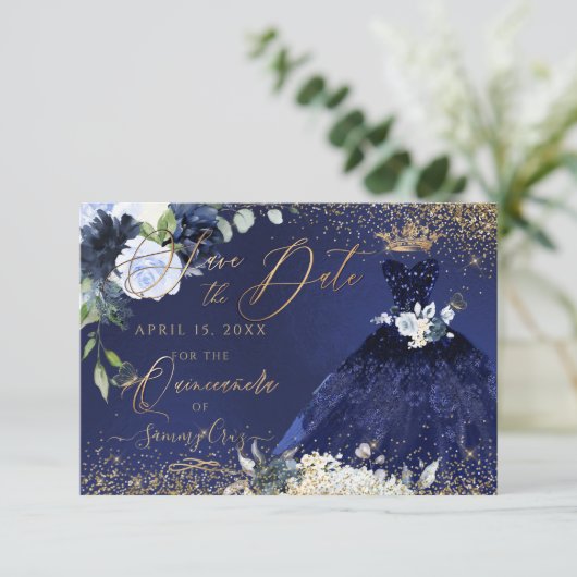 Quinceanera Save the Date Navy Blue Gown Kaart (Staand voorkant)