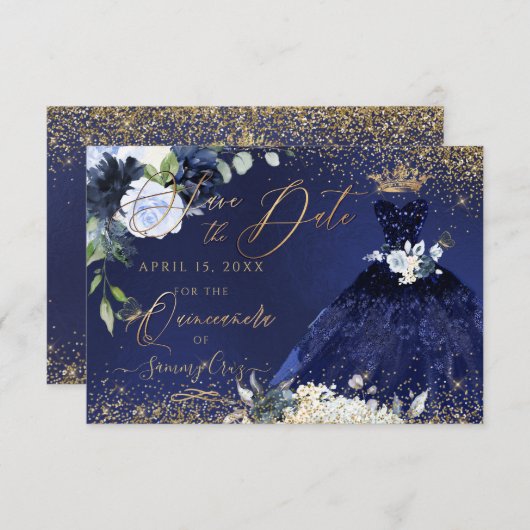 Quinceanera Save the Date Navy Blue Gown Kaart (Voorkant / Achterkant)