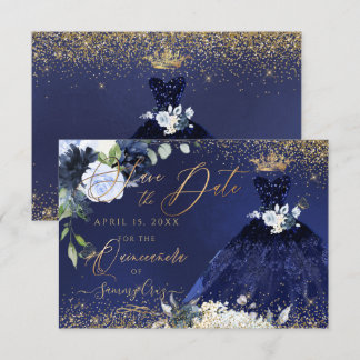 Quinceanera Save the Date Navy Blue Gown Kaart