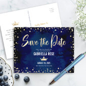 Quinceañera Save the Date Navy Gold Glitter Crown Uitnodiging Briefkaart