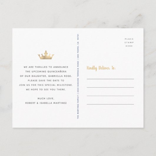 Quinceañera Save the Date Navy Gold Glitter Crown Uitnodiging Briefkaart (Achterkant)